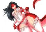  adena_(ewgengster) armwear black_hair breasts cleavage clothed clothing dragon elbow_gloves ewgengster female gloves hair handwear horn legwear lingerie long_hair long_tail low-angle_view non-mammal_breasts panties red_body red_scales scales stockings underwear worm&#039;s-eye_view 