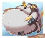  3_toes 5_fingers accessory anthro armor belly belly_grab big_belly big_butt blush brown_body brown_fur brown_hair butt canid canine canis chest_tuft clenched_teeth clothing duo feeding feet fingers food fur gauntlets ghgbn gloves hair handwear headband hi_res horkeukamui housamo hyper hyper_belly male mammal narrowed_eyes navel open_mouth open_smile overweight overweight_anthro overweight_male pizza pizza_box smile teeth thick_thighs toes tuft weight_gain white_body white_fur wolf yellow_body yellow_fur 