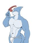  2016 abs anthro bulge clothing colored fin fin_piercing fingers fish flat_colors furgonomics furry-specific_piercing geng glare glistening glistening_clothing glistening_underwear head_fin hi_res holding_object jockstrap looking_forward male marine muscular muscular_anthro muscular_arms muscular_male navel nipples pecs piercing raised_finger shark simple_background solo teeth thick_tail underwear walking 