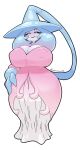  2021 big_breasts black_sclera blue_hair breasts cleavage clothed clothing dress eyelashes female hair hand_on_hip hatterene hi_res humanoid nintendo nipple_outline not_furry open_mouth pink_hair pok&eacute;mon pok&eacute;mon_(species) simple_background smile solo tentacles video_games wawo white_background 