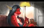  adena_(ewgengster) black_bars black_hair bottle bra breasts cleavage clothed clothing crucifix dragon ewgengster female hair horn lamp letterbox looking_at_viewer red_body red_eyes red_scales scales sitting solo underwear yellow_sclera 