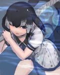  1girl absurdres bangs bare_arms black_hair blowhole blue_eyes bow dolphin_tail dress drillhorn_sword grey_hair hair_bow half-closed_eye head_fins highres kemono_friends leaning_forward long_hair looking_at_viewer multicolored_hair narwhal_(kemono_friends) one_eye_closed over_shoulder shibori_kasu short_dress short_sleeves side_ponytail solo submerged two-tone_hair underwater very_long_hair water weapon weapon_over_shoulder 