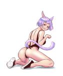  animal_humanoid barely_visible_genitalia barely_visible_pussy butt cat_humanoid clothed clothing felid felid_humanoid feline feline_humanoid female final_fantasy final_fantasy_xiv footwear genitals hair humanoid looking_back mammal mammal_humanoid miqo&#039;te pink_eyes purple_ears purple_hair purple_tail pussy rorero shoes simple_background skimpy smile sneakers solo spread_legs spreading square_enix video_games white_background 