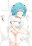  1girl bangs blue_hair blush body_blush breasts closed_mouth clothes_writing commentary_request covered_nipples eyebrows_visible_through_hair feet_out_of_frame green_eyes hair_bobbles hair_ornament highres kagiyama_pandra kawashiro_nitori large_breasts looking_at_viewer no_bra panties panty_pull shirt short_hair short_twintails sidelocks sitting solo tank_top toilet toilet_paper toilet_use touhou translation_request twintails two_side_up underwear wavy_mouth white_panties white_shirt 
