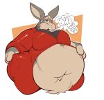  anthro belly belly_tuft big_belly boot_(artist) burping butt clothed clothing fingers fur grey_body grey_fur lagomorph leporid male mammal moobs navel nintendo open_mouth overweight overweight_anthro overweight_male partially_clothed peppy_hare rabbit rubber rubber_suit solo star_fox teeth tuft video_games 