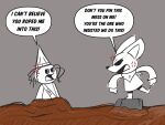  4:3 angry anthro bandanna canid canine clothing cross-popping_vein duo female fennec feral fox hair_strands hat headgear headwear hollow_eyes human kerchief liarthese_(viniko7) lilith_(viniko7) male mammal mud pointy_hat snout speech_bubble stitch_(sewing) stuck_in_ground swamp text torso_buckle undead vein viniko7 