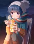  1girl artist_name bangs blowing_on_food blue_hair blush boots breath chopsticks commentary cup_ramen food hat highres knee_boots long_sleeves looking_away mountainous_horizon mozukun43 night noodles o3o outdoors pants pom_pom_(clothes) purple_eyes scarf shima_rin sidelocks sitting solo twitter_username white_headwear yurucamp 