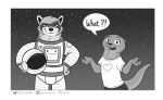  2021 absurd_res anthro astronaut bottomwear clothed clothing comic dialogue digital_drawing_(artwork) digital_media_(artwork) duo english_text felix_(nik159) greyscale hand_on_hip hi_res humor looking_at_viewer lutrine male mammal monochrome mustelid nik159 nik_(nik159) pants procyonid pun raccoon shirt shrug sky smile standing star starry_sky t-shirt talking_to_viewer text topwear url 