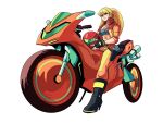  1girl adapted_costume blonde_hair boots breasts cleavage crop_top exhaust_pipe fingerless_gloves gloves ground_vehicle helmet high_heel_boots high_heels highres jacket metroid motor_vehicle motorcycle motorcycle_helmet open_clothes open_jacket ponytail samus_aran simple_background sitting solo tina_fate white_background 