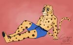  anthro cheetah clothing crimsonwolf1902 felid feline looking_at_viewer male mammal paws reclining simple_background sitting solo underwear 