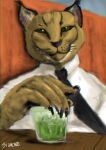  absinthe_(drink) anthro beverage business_attire businessman claws felid feline fur green_eyes looking_at_viewer lynx male mammal necktie sidmond solo 
