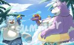 2021 ailurid anthro belly blue_body blue_fur blush canid canine canis clothed clothing detailed_background distracting_watermark domestic_dog duo fur hi_res humanoid_hands kemono male mammal moobs morian_xs navel nipples outside overweight overweight_male purple_body purple_fur red_panda swimwear water watermark white_body white_fur 