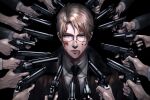  1boy absurdres ahoge america_(hetalia) axis_powers_hetalia black_background black_neckwear blonde_hair blood blue_eyes closed_mouth collared_shirt glasses gun handgun hands highres holding holding_gun holding_weapon jacket john_wick lips male_focus necktie npyon parody pistol revolver semi-rimless_eyewear serious shirt short_hair solo_focus upper_body weapon 