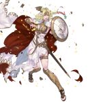  1girl arm_guards armor aureolin31 blonde_hair braid broken_shield cape chain clenched_teeth dress fire_emblem fire_emblem:_three_houses fire_emblem_heroes flower gradient gradient_hair green_eyes green_hair hair_flower hair_ornament high_heels highres lips long_dress long_hair looking_away low-tied_long_hair multicolored_hair official_art open_toe_shoes parted_lips seiros_(fire_emblem) sheath sheathed single_braid sleeveless sleeveless_dress solo sword teeth thigh_strap tied_hair toes torn_clothes transparent_background two-tone_hair weapon white_background white_dress 