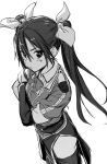  1girl bangs closed_mouth crossed_arms elbow_gloves gloves greyscale hair_between_eyes hair_ribbon highres kantai_collection kawakami_rokkaku long_hair looking_at_viewer monochrome pelvic_curtain remodel_(kantai_collection) ribbon short_sleeves simple_background single_elbow_glove single_glove sketch solo thighhighs tone_(kantai_collection) twintails 