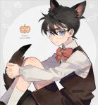  1boy animal_ears bangs blue_eyes blush bow bowtie brown_hair brown_shirt brown_vest child circle closed_mouth collared_shirt commentary_request edogawa_conan english_text feet_out_of_frame fox_ears fox_tail from_side ghost glasses grey_background hair_between_eyes halloween hands_clasped happy_halloween jack-o&#039;-lantern kanamura_ren kemonomimi_mode knees_up leg_hug long_sleeves looking_at_viewer male_focus meitantei_conan own_hands_together red_neckwear shirt short_hair sitting socks solo striped striped_bow striped_neckwear tail two-tone_background vest white_background white_legwear white_shirt 
