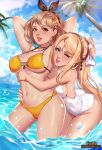  2girls ;d aqua_eyes arms_behind_head artist_name ass atelier_(series) atelier_ryza bangs bare_legs bikini blonde_hair blush bow braid breasts brown_eyes brown_hair cleavage day earrings exlic hair_bow hair_ornament hairband happy highres hug hug_from_behind jewelry klaudia_valentz large_breasts lips looking_at_viewer multiple_girls navel ocean one-piece_swimsuit one_eye_closed open_mouth palm_tree patreon_username reisalin_stout shiny shiny_skin side-tie_bikini side_braid sky smile string_bikini swimming swimsuit tree water wet 