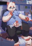  anthro balls belly biped bodily_fluids cigarette clothed clothing detailed_background digital_media_(artwork) duo erection eyewear fur genital_fluids genitals hair humanoid_genitalia humanoid_penis looking_at_viewer male male/male mammal obese obese_anthro overweight overweight_anthro overweight_male paper penis phone precum satanbear school smile smoking student teacher teacher_and_student white_body white_fur 
