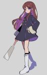  1girl absurdres aikatsu! aikatsu!_(series) blue_coat boots brown_hair buttons coat double-breasted expressionless full_body grey_background hand_on_hip highres holding knee_boots long_coat long_hair long_sleeves looking_at_viewer multicolored_hair purple_eyes purple_hair saw school_uniform shibuki_ran simple_background solo starlight_academy_uniform two-tone_hair uhouhogorigori white_footwear 