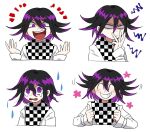  1boy :d bangs black_hair checkered checkered_background checkered_kimono checkered_neckwear checkered_scarf commentary cropped_torso danganronpa_(series) danganronpa_v3:_killing_harmony floral_print furukawa_(yomawari) grin hair_between_eyes hands_up highres jacket japanese_clothes kimono long_sleeves looking_at_viewer male_focus open_mouth ouma_kokichi purple_eyes purple_hair scarf shiny shiny_hair short_hair simple_background smile straitjacket tearing_up tears unmoving_pattern upper_body upper_teeth white_background wide-eyed 