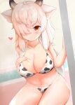  1girl ahoge animal_ears animal_print bangs bikini blush breasts brown_eyes cleavage closed_mouth collarbone cow_print eyebrows_visible_through_hair hair_over_one_eye hand_on_own_chest heart horns huge_breasts kemono_friends kemono_friends_3 kesha large_breasts long_hair looking_at_viewer navel nipples ox_ears ox_girl ox_horns ribbon see-through sitting smile solo swimsuit thighs white_hair yak_(kemono_friends) 