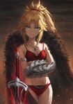  1girl bangs bare_shoulders blonde_hair bra braid breasts cape cleavage closed_mouth collarbone crossed_arms eyebrows_visible_through_hair fate/apocrypha fate_(series) fur gauntlets green_eyes hair_ornament hair_scrunchie highres jewelry long_hair looking_at_viewer midriff mordred_(fate) mordred_(fate)_(all) navel necklace panties parted_bangs ponytail red_bra red_scrunchie scrunchie small_breasts smile solo sword thighs tonee underwear upper_body weapon 