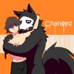  1:1 ambiguous_gender anthro black_body black_fur blue_eyes blush bottomwear brown_hair bulge canid canine canis changed_(video_game) clothing cover cover_art cover_page duo fur goo_creature hair hi_res hug human lil_wolfy lin_(changed) male male/ambiguous mammal navel orange_background petting puro_(changed) shorts simple_background slime smile tongue tongue_out wolf 