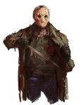  1boy bald black_gloves blood bloody_weapon blue_pants brown_coat brown_shirt coat commentary_request cropped_legs friday_the_13th gloves highres hockey_mask holding jason_voorhees machete male_focus mask pants ruukii_drift shirt simple_background solo sword undead weapon white_background 