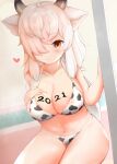  1girl ahoge animal_ears animal_print bangs bikini blush breasts brown_eyes cleavage closed_mouth collarbone cow_print eyebrows_visible_through_hair hair_over_one_eye hand_on_own_chest heart horns huge_breasts kemono_friends kemono_friends_3 kesha large_breasts long_hair looking_at_viewer navel nipples ox_ears ox_girl ox_horns ribbon see-through sitting smile solo swimsuit thighs white_hair yak_(kemono_friends) 