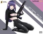  1girl arm_support artist_logo bangs black_footwear black_gloves blunt_bangs breasts commentary english_commentary eyeshadow fingerless_gloves from_side full_body gloves gun highres holding holding_gun holding_weapon j_adsen large_breasts leaning_back leggings logo long_hair looking_at_viewer looking_to_the_side makeup midriff original purple_hair red_eyes seiza shoes sidelocks sitting solo tongue tongue_out trigger_discipline underboob weapon 