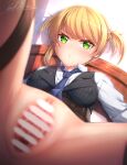  1girl :&lt; absurdres artist_name bangs bar_censor black_legwear blonde_hair blue_neckwear blurry blurry_foreground bottomless breasts censored eyebrows_visible_through_hair girls_frontline green_eyes highres looking_at_viewer medium_breasts milia_simohayha necktie pussy short_hair signature solo spread_legs spread_pussy thighhighs twitter_username two_side_up welrod_mk2_(girls_frontline) 