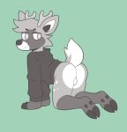  anthro antlers arcadepup balls bottomless butt cervid clothed clothing genitals hi_res hoodie hooves horn kodiak_(arcadepup) looking_back male mammal smile solo topwear 