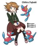  1boy :d bangs black_legwear black_ribbon blush brown_hair brown_skirt character_name commentary danganronpa:_trigger_happy_havoc danganronpa_(series) flipped_hair fujisaki_chihiro full_body furukawa_(yomawari) gen_1_pokemon gen_2_pokemon gen_4_pokemon green_shirt highres invisible_chair kneehighs long_sleeves looking_at_viewer male_focus neck_ribbon open_mouth otoko_no_ko pink_footwear pleated_skirt poke_ball pokemon_(creature) porygon porygon-z porygon2 ribbon shiny shiny_hair shirt shoes short_hair simple_background sitting skirt smile upper_teeth white_background 