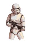  1other ambiguous_gender armor black_gloves commentary_request cowboy_shot cropped_legs gloves helm helmet holding holding_weapon ruukii_drift science_fiction simple_background soldier solo star_wars stormtrooper weapon white_background 