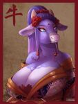  3:4 anthro bovid bovine breasts cattle ear_piercing ear_ring female hi_res mammal oriental_clothing piercing solo vikhop 