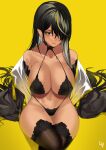  1girl absurdres artist_name bangs bare_shoulders black_bra black_choker black_hair black_jacket black_legwear black_panties blonde_hair bra breasts choker cleavage closed_mouth collarbone commentary_request crossed_arms green_eyes groin hair_between_eyes hair_over_one_eye highleg highleg_panties highres jacket lace lace-trimmed_bra lace-trimmed_panties lace_bra lace_panties lace_trim large_breasts lilycious long_hair long_sleeves looking_at_viewer midriff mole mole_on_breast mole_on_leg multicolored_hair navel open_clothes open_jacket original panties pointy_hair sidelocks simple_background sitting skindentation solo stomach streaked_hair string_panties thighhighs two-tone_hair underwear very_long_hair yellow_background 