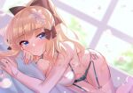  aqua_eyes bed black_fire blonde_hair long_hair pointed_ears ponytail princess_connect! sasaki_saren stockings 