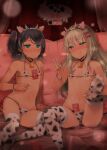  2girls animal_ears animal_print bell bikini black_hair blonde_hair bow closed_mouth collarbone cow_ears cow_horns cow_print cowbell eyebrows_visible_through_hair flat_chest grecale_(kantai_collection) green_eyes hair_between_eyes hair_bow hair_ornament hairclip horns kantai_collection long_hair multiple_girls navel pink_bow scirocco_(kantai_collection) shin_(new) short_hair smile swimsuit thighhighs tongue tongue_out v white_bikini white_legwear 