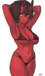  1girl arms_behind_back bikini black_bikini breasts brown_eyes brown_hair closed_mouth colored_skin cowboy_shot fang horns kidouko_(zakusi) large_breasts looking_at_viewer navel oni oni_horns original red_oni red_skin signature simple_background skin_fang smile solo swimsuit symbol_commentary underboob white_background zakusi 