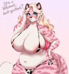  2021 animal_bikini animal_print anthro areola areola_slip belly big_belly big_breasts bikini blonde_hair blue_eyes breasts clothed clothing cow_bikini cow_print curvy_figure dialogue english_text felid female fur hair half-length_portrait hand_on_hip hi_res huge_breasts inner_ear_fluff long_hair looking_at_viewer mammal marzipan_(spottedtigress) navel overweight overweight_anthro overweight_female pantherine pattern_clothing pattern_swimwear pink_body pink_fur portrait solo spottedtigress striped_body striped_fur stripes swimwear text thick_thighs tiger tuft voluptuous white_body white_fur wide_hips 