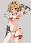  1girl ? bikini blonde_hair breasts brown_eyes commentary_request contrapposto djeeta_(granblue_fantasy) front-tie_top gauntlets granblue_fantasy grey_background hairband hirowa_nagi medium_breasts pink_hairband short_hair simple_background solo spoken_question_mark standing sweater swimsuit white_bikini 