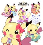 &gt;_o :3 :d artsy-rc bow brooch character_name clothed_pokemon gen_1_pokemon green_vest hair_bow hands_up highres idol jewelry looking_at_viewer no_humans one_eye_closed open_mouth orange_bow parted_lips pikachu pink_bow pipipipi_pikachu pokemon pokemon_(creature) purple_skirt signature skirt smile vest 