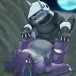  1:1 aggron ambiguous/ambiguous ambiguous_gender bedroom_eyes belly big_belly biped blush bodily_fluids chiwidth claws digital_media_(artwork) duo feral hi_res horn lying male_(lore) narrowed_eyes nidoking nintendo on_back open_mouth pok&eacute;mon pok&eacute;mon_(species) seductive semi-anthro slightly_chubby sweat video_games 