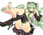  1girl barefoot black_footwear black_legwear black_skirt boots breasts closed_mouth collared_shirt crossed_legs feet fingernails foot_focus green_eyes green_hair green_nails grey_shirt hair_spread_out hand_up hatsune_miku high_heel_boots high_heels highres large_breasts long_hair long_sleeves looking_at_viewer lying nail_polish necktie on_back open_clothes open_shirt panties ruukii_drift shirt single_thigh_boot skirt sleeveless sleeveless_shirt soles solo toenails toes twintails underwear v v_over_eye vocaloid white_panties wing_collar 