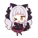  &gt;_o 1girl animal_ears bangs bare_shoulders black_bow black_dress bow brown_eyes cat_ears cat_tail chibi commentary_request detached_sleeves dress frilled_dress frills full_body hololive murasaki_shion muuran one_eye_closed open_mouth silver_hair simple_background solo tail tail_ornament virtual_youtuber white_background 