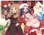  1boy 2girls :d ? absurdres alcremie alcremie_(strawberry_sweet) apron black_hair blush bow brown_hair buttons commentary_request cupboard dawn_(pokemon) dress eyelashes gen_4_pokemon gen_5_pokemon gen_8_pokemon grey_eyes hair_bow hand_on_hip hand_up hat heart highres holding long_hair multiple_girls o_o open_mouth outline pokemon pokemon_(creature) pokemon_(game) pokemon_masters_ex red_bow red_dress red_mittens rotom rotom_(heat) saon101 serena_(pokemon) smile standing sunglasses tongue volkner_(pokemon) whimsicott white_headwear 
