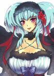 1girl bangs blue_bow blue_hair blush bow breasts cleavage cleavage_cutout clothing_cutout eyebrows_visible_through_hair hairband large_breasts lolita_hairband marilyn_catto open_mouth piaisai purple_eyes smile solo super_robot_wars super_robot_wars_z2 twintails upper_body white_background 