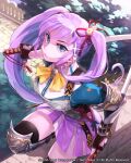  1girl :o bell blue_eyes boots breasts copyright_name ear_piercing greaves hair_bell hair_ornament highres holding holding_sword holding_weapon katana knee_boots looking_at_viewer looking_up mansu medium_breasts moriah_saga open_mouth piercing purple_hair purple_skirt shiny skirt solo sword thighhighs tree twintails weapon yellow_neckwear 