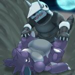  1:1 aggron ambiguous/ambiguous ambiguous_gender bedroom_eyes belly big_belly biped chiwidth claws digital_media_(artwork) duo feral hi_res horn lying male_(lore) narrowed_eyes nidoking nintendo on_back open_mouth pok&eacute;mon pok&eacute;mon_(species) seductive semi-anthro slightly_chubby video_games 