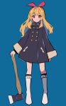  1girl :3 absurdres aikatsu! aikatsu!_(series) axe blonde_hair blue_background blue_coat boots bow buttons coat double-breasted full_body hair_bow hairband highres holding holding_axe hoshimiya_ichigo knee_boots long_coat long_hair looking_at_viewer red_bow red_eyes red_hairband school_uniform simple_background smile solo starlight_academy_uniform uhouhogorigori white_footwear 